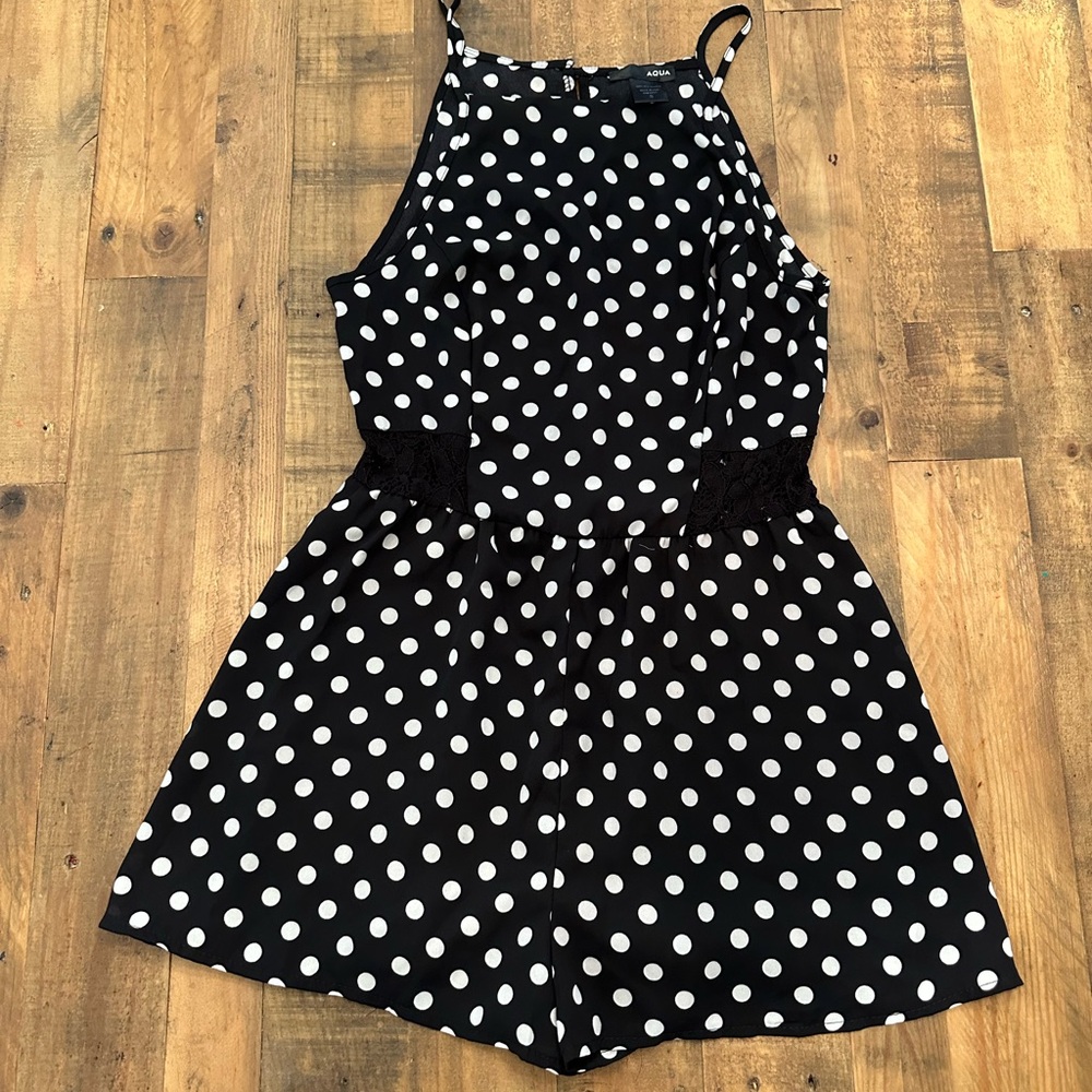 Aqua Black and White Polka Dot Jumpsuit with Halter Neckline